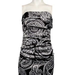 SUZI CHIN MAGGY BOUTIQUE RUCHED STRAPLESS METALLIC DAMASK PRINT SATIN DRESS